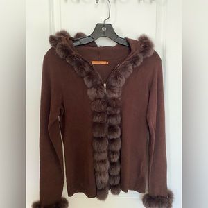 true y2k chocolate brown jacket rabbit fur pom pom